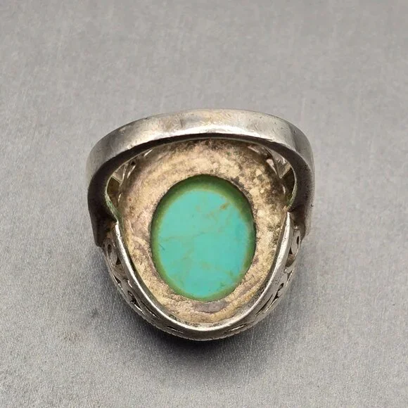 VTG 925 Sterling Silver Turquoise & Marcasite Ring Size 6.5 Signed Filigree - Picture 5 of 11